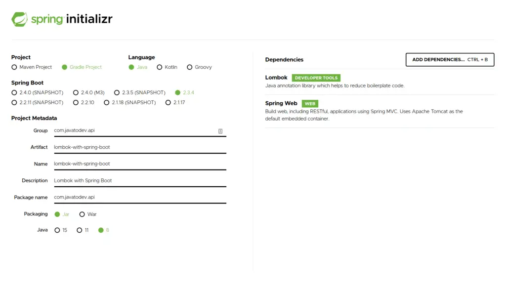 Creating spring boot project with lombok dependency using spring initializr