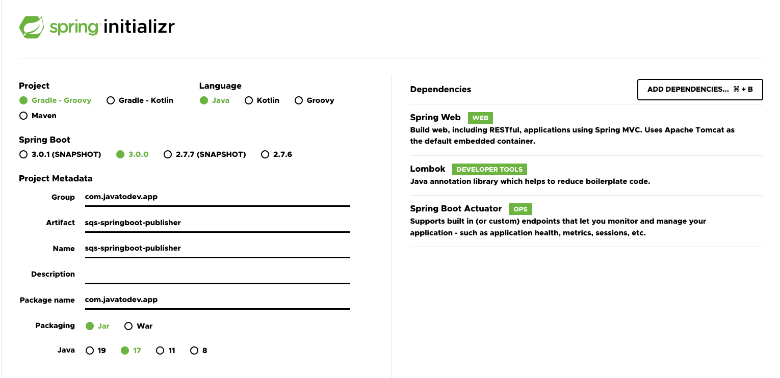 Creating spring boot publisher application using spring initializr
