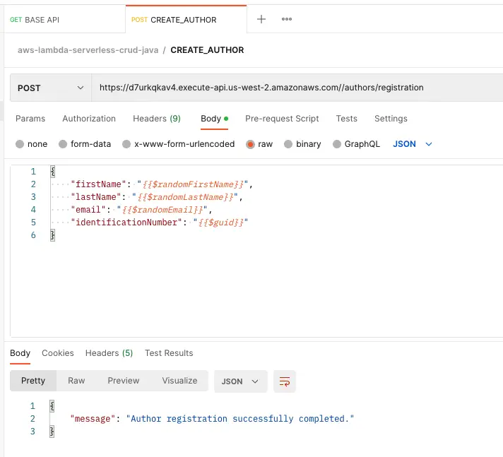 Author registration API Endpoint testing with postman - AWS lambda Java CRUD