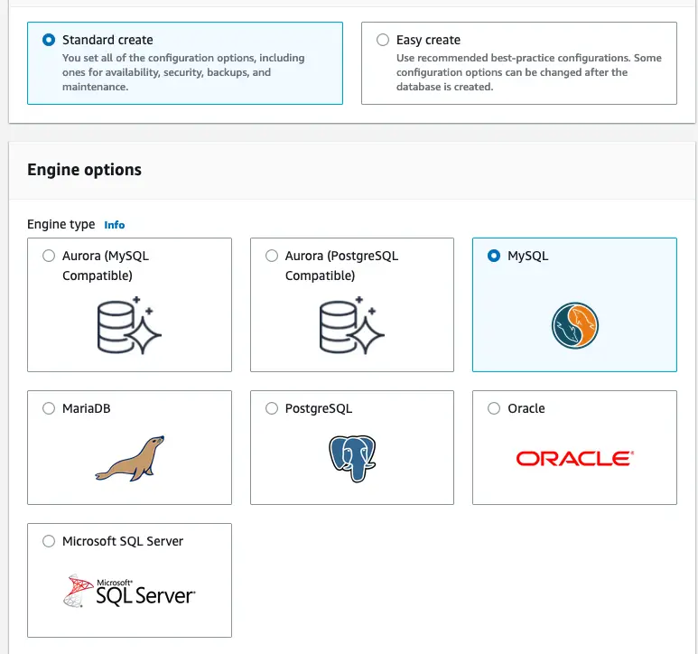 Creating MySQL database with engine selection on AWS