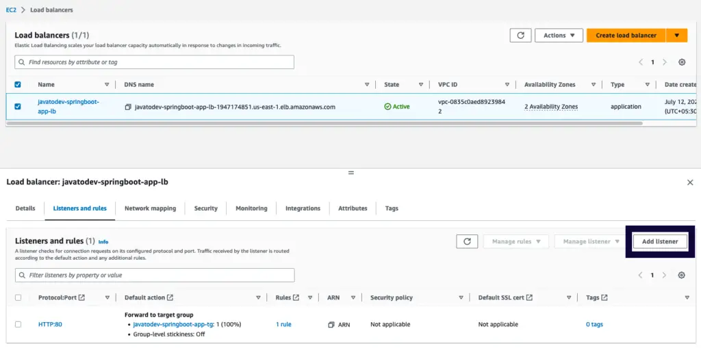 Add listener for application load balancer