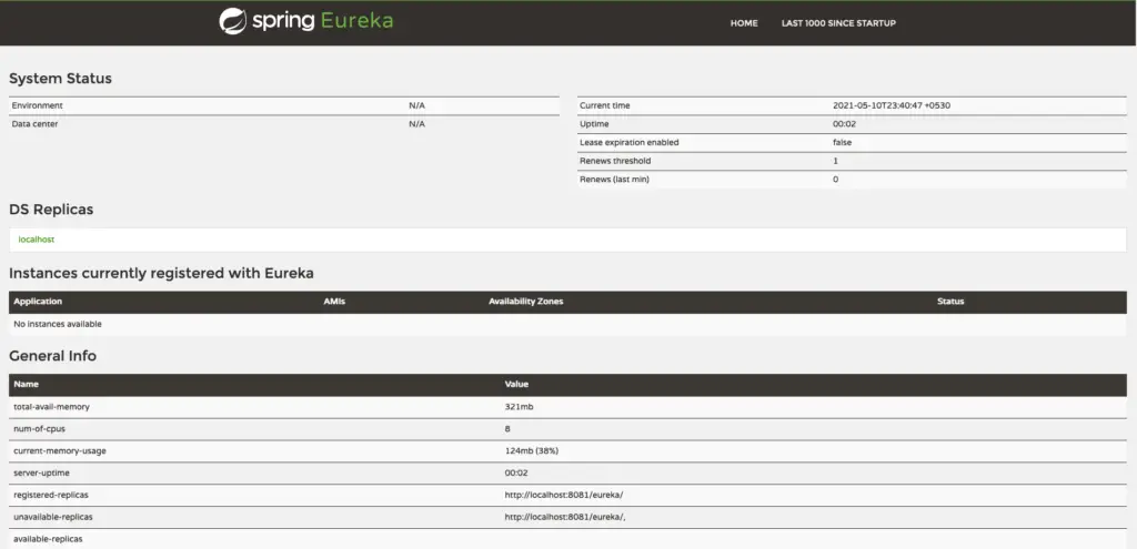 Spring Cloud Neflix Eureka Service Registry Dashboard