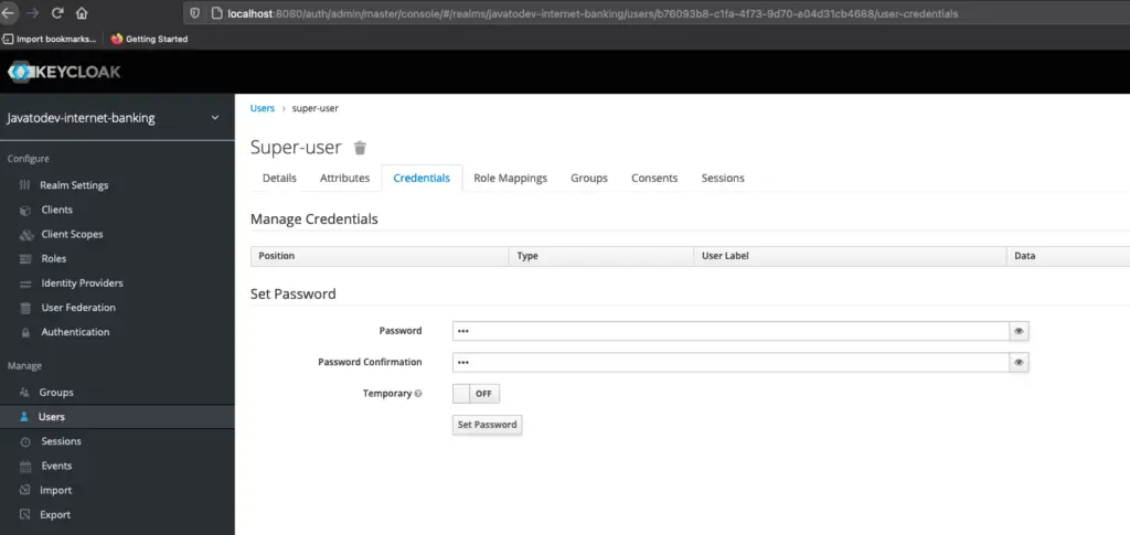 Setting credentials for user in keycloak admin panel