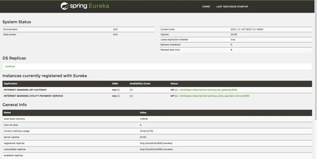 Spring Eureka Service Registry - Utility Payment Service Implementation